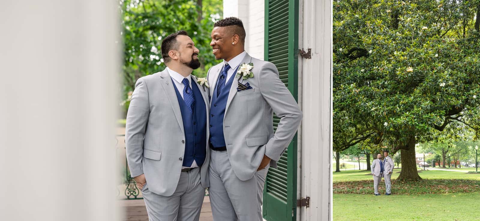 Male same-sex couple portraits under southern Magnolia tree